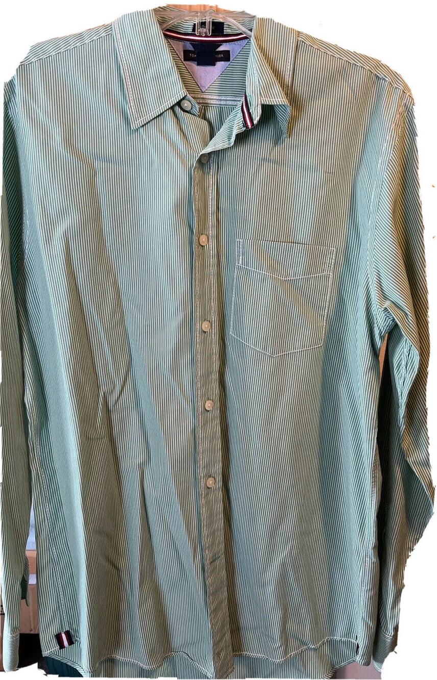Tommy Hilfiger Men’s S Green Striped Trim Fit Long Sleeve Button Up cotton Shirt